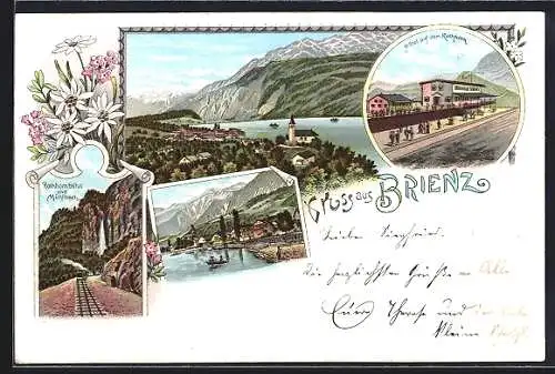 Lithographie Brienz, Hotel auf dem Rothorn, Teilansicht vom Ort mit Alpen