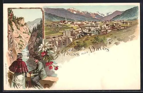 Lithographie Davos, Totalansicht und Paar auf einer Brücke