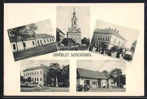 AK Szögyen, Kirche, Geschäft und Strassenpartie