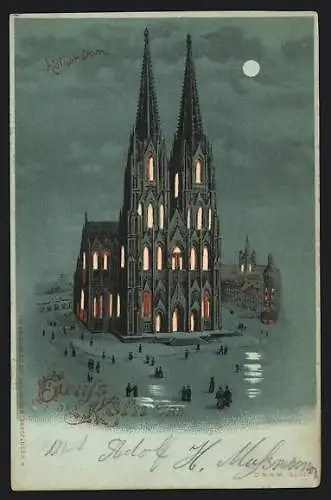 Lithographie Köln, Der Dom, Halt gegen das Licht: mit beleuchteten Fenstern