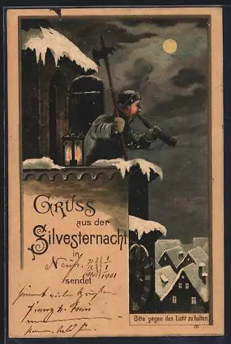 Lithographie Nachtwächter in der Silvesternacht, Halt gegen das Licht: Prosit Neujahr