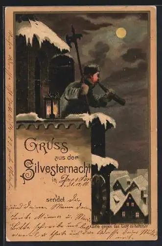 Lithographie Nachtwächter in der Silvesternacht, Halt gegen das Licht: Prosit Neujahr