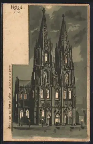 Lithographie Köln, Dom, Halt gegen das Licht: beleuchtete Fenster