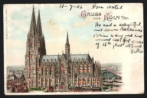 Lithographie Köln a /Rh., Dom und Bahnhof, Halt gegen das Licht: beleuchtete Fenster