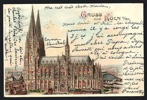 Lithographie Köln a. Rh., Dom, Halt gegen das Licht: beleuchtete Fenster