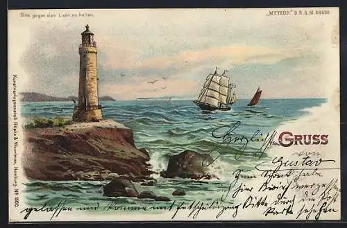 Lithographie Leuchtturm am Wasser erhellt Segelschiff den Weg, Halt gegen das Licht