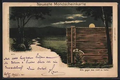 Lithographie Neueste Mondscheinkarte, Scherz, Glatzkopf hinter der Holzwand, Halt gegen das Licht