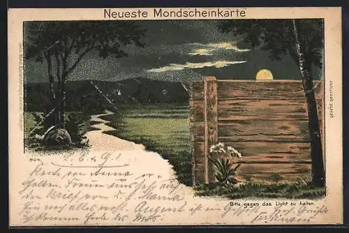 Lithographie Neueste Mondscheinkarte, Glatzkopf auf Bank leuchtet bei Halt gegen das Licht