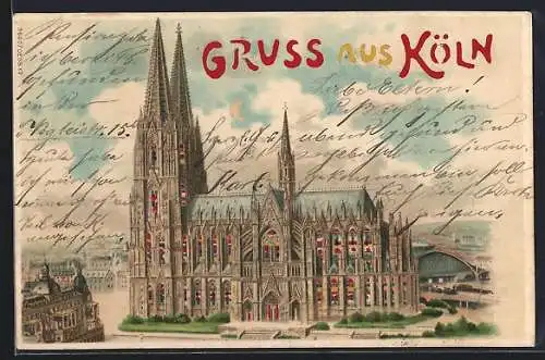 Lithographie Köln, Dom, Halt gegen das Licht: bunt leuchtende Fenster