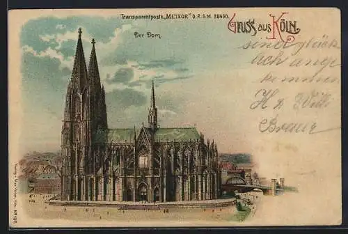 Lithographie Köln, Kölner Dom und Hauptbahnhof, Halt gegen das Licht: Vollmond