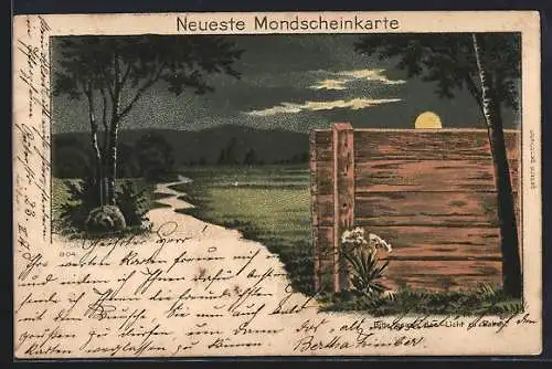 Lithographie Neueste Mondscheinkarte, Glatzkopf auf Bank leuchtet bei Halt gegen das Licht