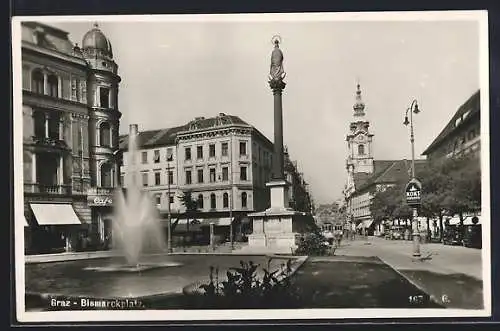 AK Graz, Bismarckplatz mit Cafe und Denkmal