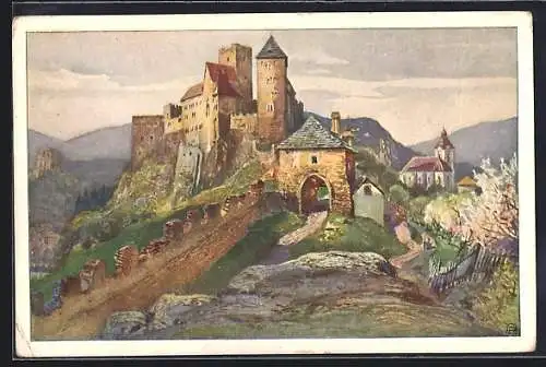 Künstler-AK Hardegg a. d. Thaya, Burg, Deutscher Schulverein