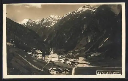 AK Sölden, Teilansicht mit Kirche und Bergen