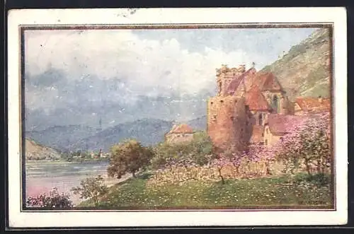 Künstler-AK St. Michael i. d. Wachau, Uferpartie mit Kirche