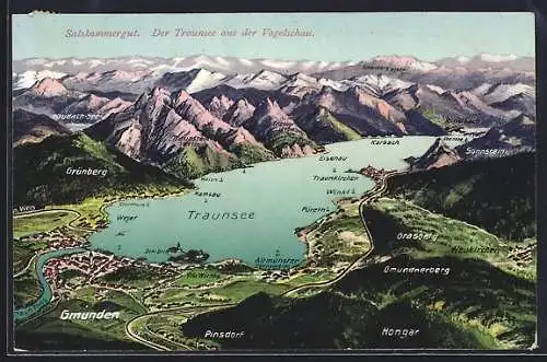 AK Gmunden, Ortsansicht mit Traunsee und Umgebung aus der Vogelperspektive