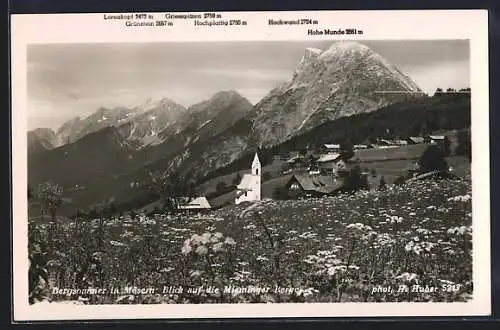 AK Mösern, Blick auf die Mieminger Berge im Sommer: Hochwind, Hohe Munde und Grünstein