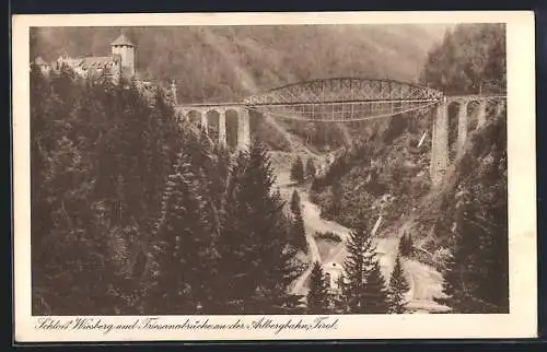 AK Wiesberg /Tirol, Schloss Wiesbergund Trisanabrücke an der Arlbergbahn