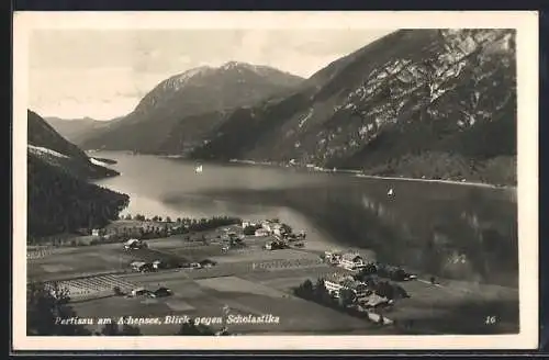 AK Pertisau am Achensee, Blick gegen Scholastika aus der Vogelschau