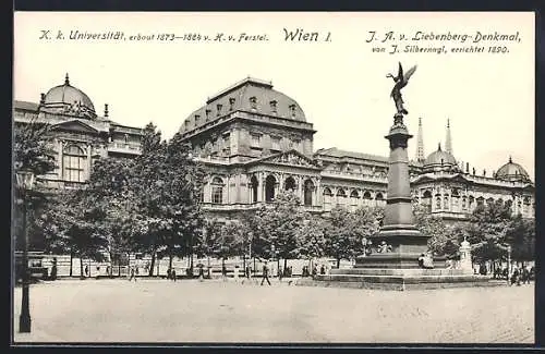 AK Wien, Universität, Frontseite mit J. A. v. Liebenberg-Denkmal von J. Silbernagl, errichtet 1890