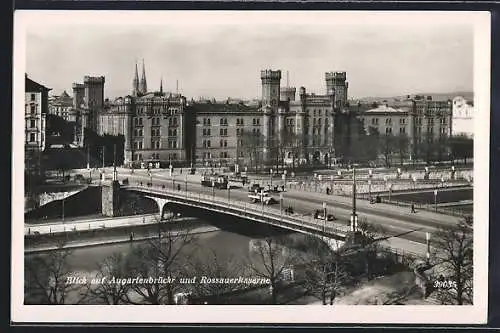 AK Wien, Rossauerkaserne und Augartenbrücke mit Strassenbahn