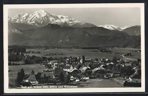 AK Anif, Ortsansicht g. d. Hohen Göll und Watzmann