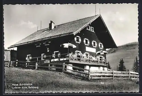 AK Lofer / Salzburg, Loferer Alpe mit Gasthaus Schönblick mit Besuchern