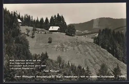 AK Alpl /Steiermark, Peter Roseggers Geburtshaus aus der Vogelschau