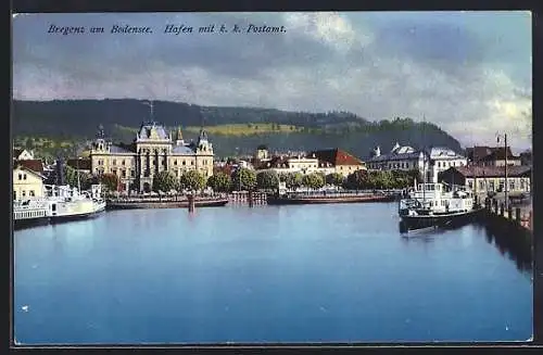 AK Bregenz am Bodensee, Hafen mit k. k. Postamt