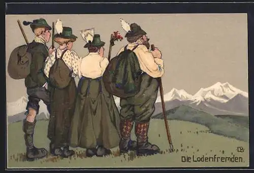 Künstler-AK Die Lodenfremden, Bergtouristen