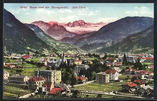 AK Bozen, Ortsansicht mit Rosengarten