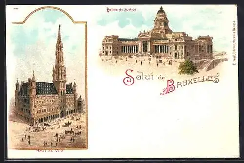 Lithographie Brüssel / Bruxelles, Palais de justice, hôtel de ville