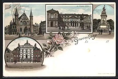 Lithographie `s Gravenhage, Le Binnenhof, Le Palais Royal, Monument 1813