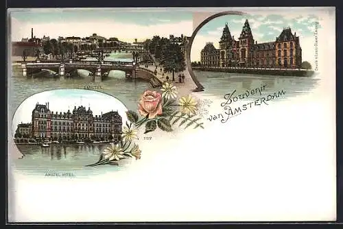 Lithographie Amsterdam, Amstel Hotel, Amstel mit Brücken, Rijksmuseum