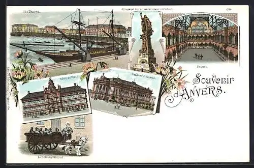 Lithographie Anvers, Les Bassins, Hotel de Ville, Bourse