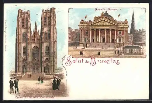 Lithographie Brüssel / Bruxelles, Eglise St. Gudule, Nouvelle Bourse