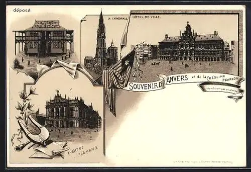 Lithographie Anvers, Hôtel de Ville, La Cathédrale, Théâtre Flamand