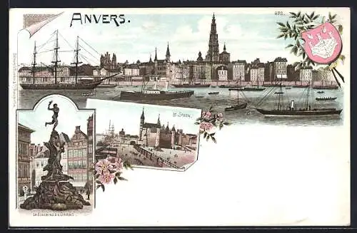 Lithographie Anvers, La Fontaine de Brabo, Le Steen & Ortsansicht mit Wappen