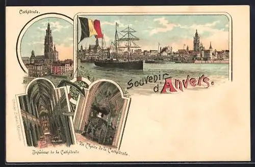 Lithographie Antwerpen, Ortspanorama mit Hafen, Kathedrale