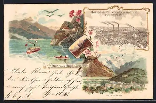 Lithographie Interlaken, Hoffmann`s Stärkefabriken Salzuflen, Brienzersee, Ortsansicht