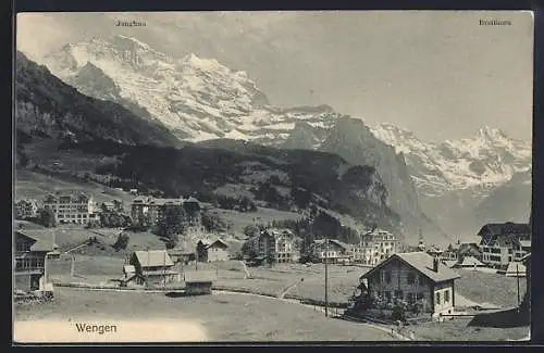 AK Wengen, Ortsansicht mit Jungfrau und Breithorn