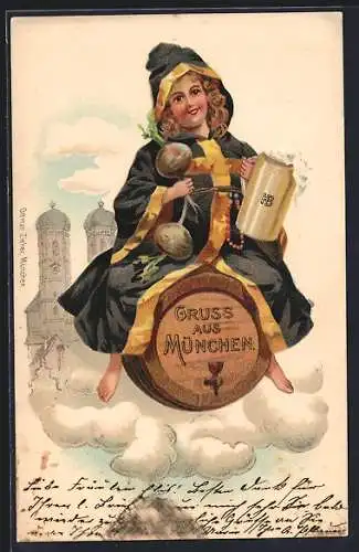 Lithographie München, Münchner Kindl fliegt auf einem Bierfass, Im Hintergrund Frauenkirche