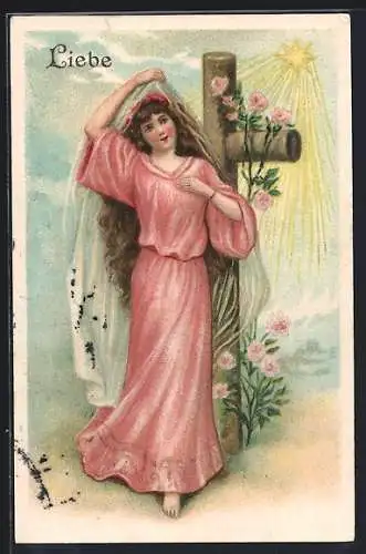 AK Junge Frau in rosanem Kleid mit Schleier vor Kreuz und Rosen, Liebe, Allegorie