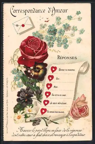 AK Correspondance d`Amour, Réponses, Blumen und Liebesbrief