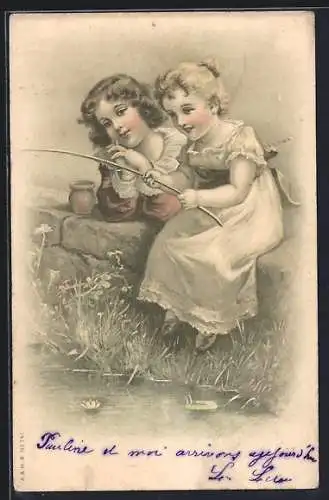 Lithographie zwei Kinder angeln an einem Teich