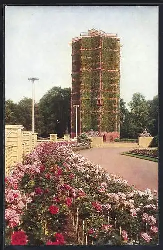 AK Dresden, Jubiläums-Gartenbau-Ausstellung 1926, Blick von riesengrossen Rosengarten zum Grünen Dom