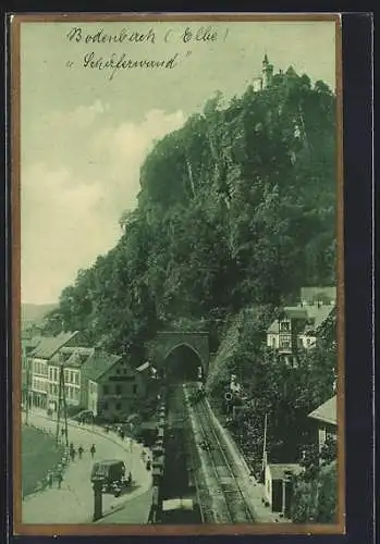 AK Tetschen-Bodenbach / Decin, Ortsansicht mit Eisenbahntunnel an der Schäferwand