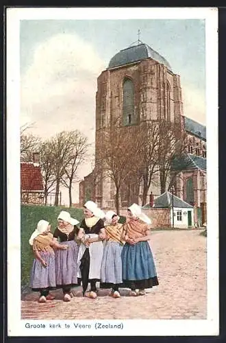 AK Zeeland, Niederländische Mädchen vor der Kirche