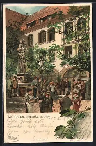 Lithographie München, Denkmal und Gäste vor dem Hofbräuhaus