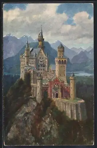 Künstler-AK H. Hoffmann: Schloss Neuchwanstein mit Schwan- und Alpsee